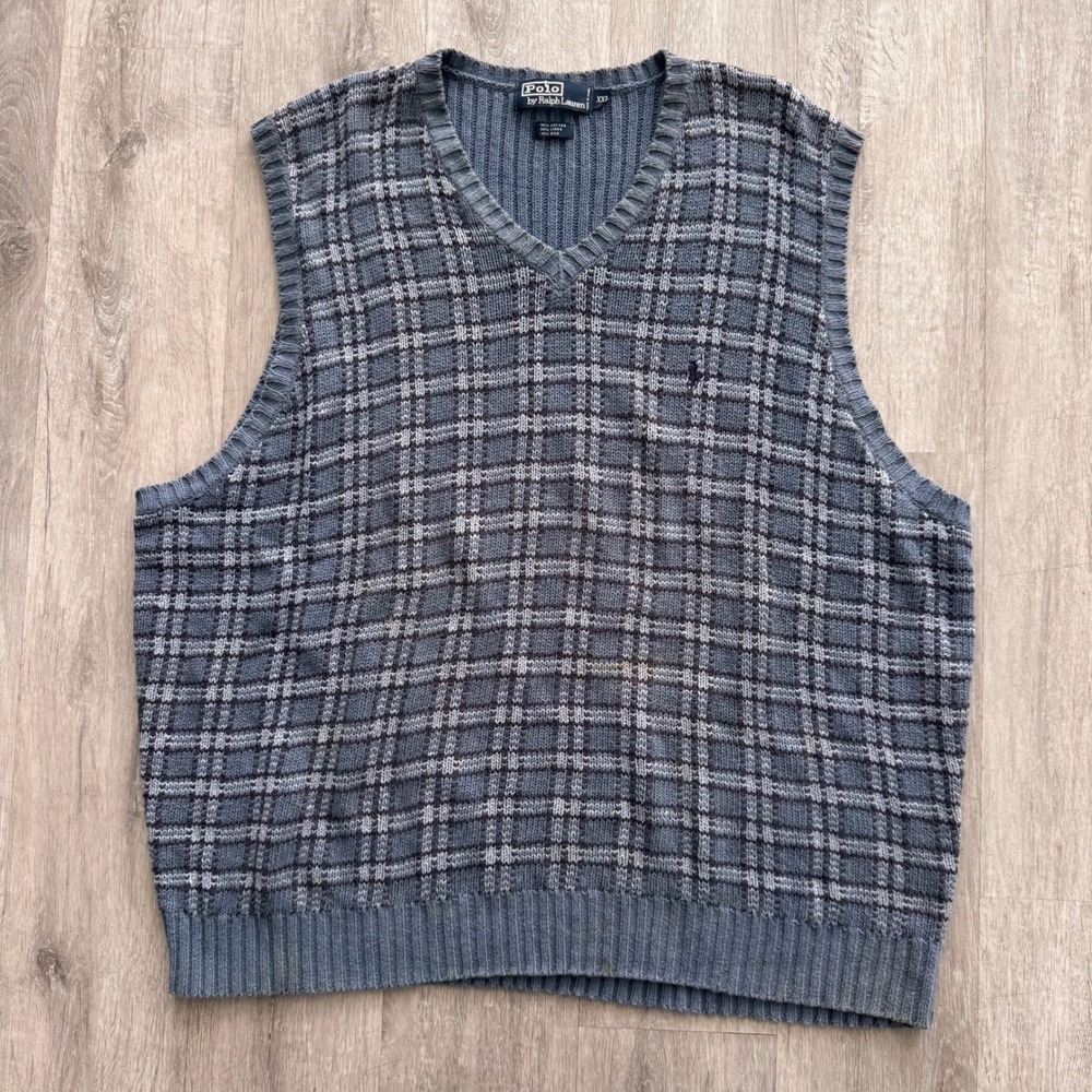 Vintage Polo Ralph Lauren Men XXL Plaid Sweater Vest Blue Gray Cotton Linen Silk